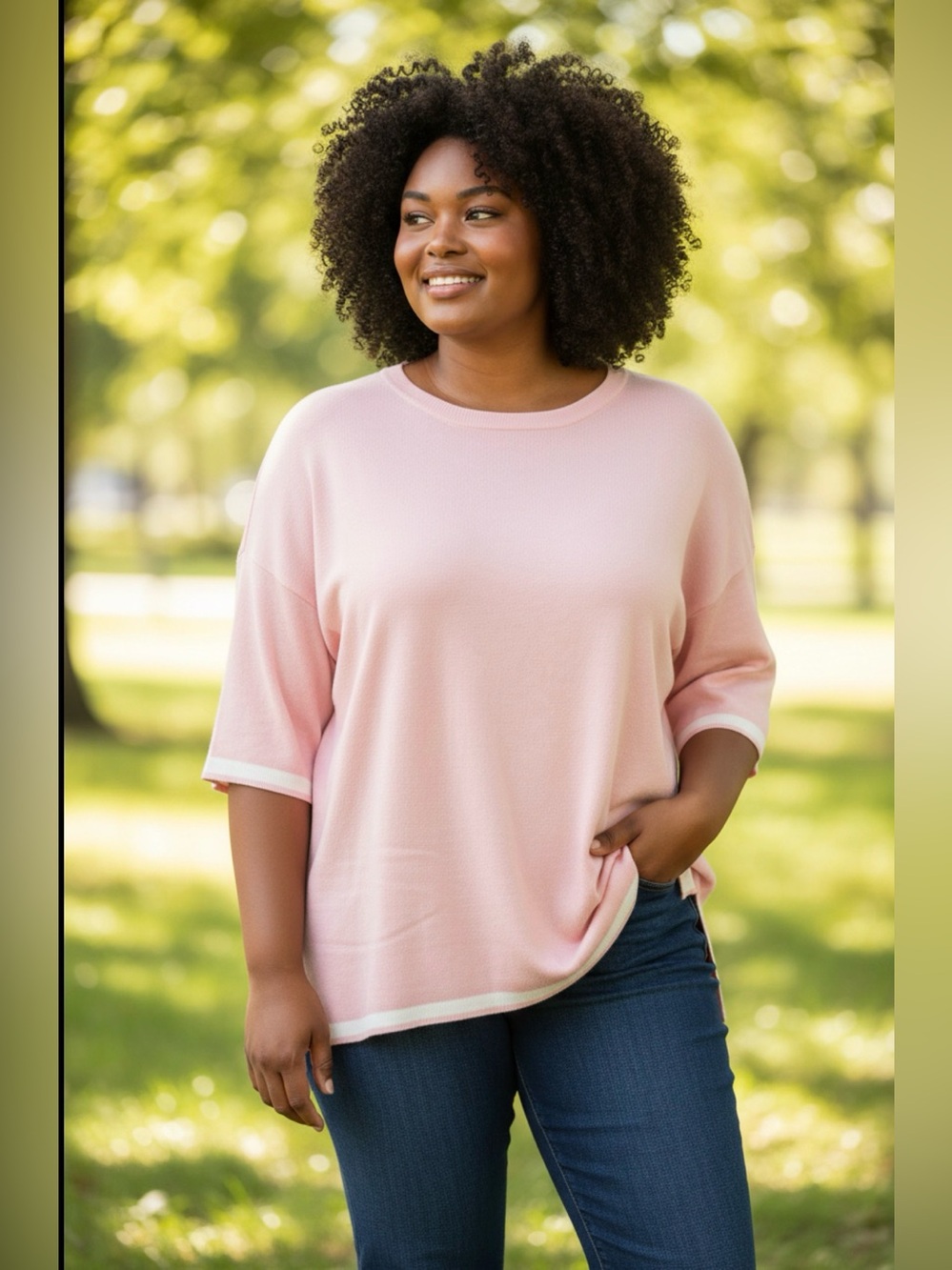 Women’s XL Pink White Scoop Neck Tunic Top Split Sleeve Stretch Feminine